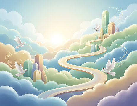 Road to Success leads through Clouds and White Birds to Glowing Sun