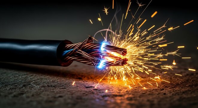 Close-up of frayed electrical cable sparking with visible copper wires and blue arcs
