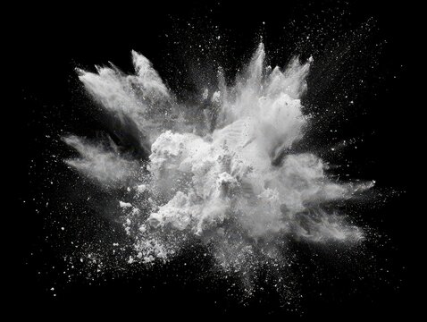 White powder explosion isolated on black background