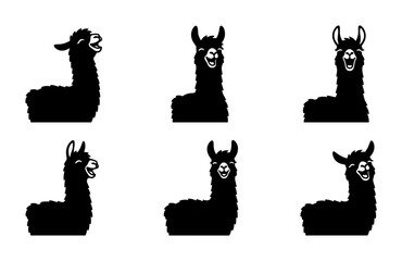 Black Llama Icons Set, Cute Alpaca Vector Graphics, South American Camelid Silhouettes for Animal Lovers, Farm and Zoo Themes © AllDesign