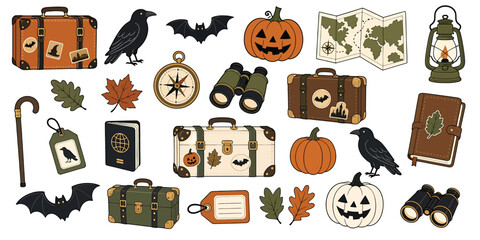 Obraz premium Set of vintage travel items, autumn elements, halloween symbols, suitcases, pumpkins, ravens, bats, binoculars, compass, map, and leaves