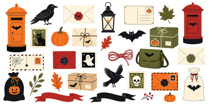 Halloween mail and delivery elements set, including post boxes, envelopes, parcels, stamps, pumpkins, bats, ravens, and autumn leaves