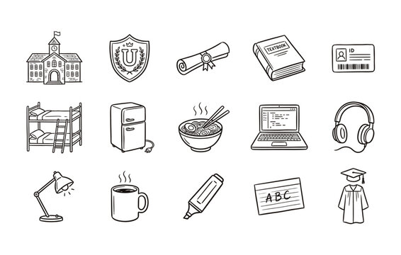 University and student life icon collection showcasing campus buildings education symbols academic gear and dorm living accessories