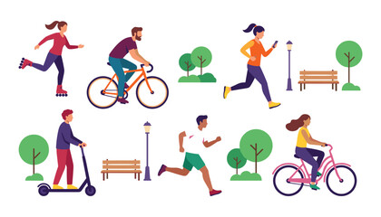 Obraz premium People doing summer outdoor activities in city park vector illustrations of cycling running rollerblading and riding scooter