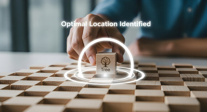 Conceptual image of tree planting site selection with wooden blocks and digital interface