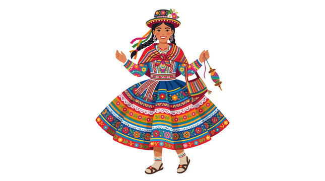 Peruvian Girl Dancing in Traditional Colorful Outfit with Spinning Tool
