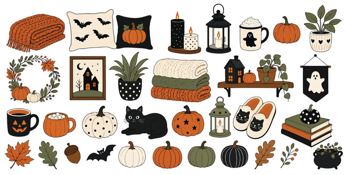Set of cozy autumn and halloween elements, including pumpkins, candles, blankets, plants, ghost decor, black cat, and seasonal accessories