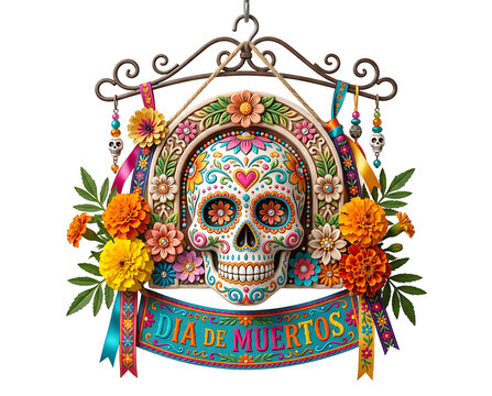 Colorful decoration for Dia de Muertos celebration with a skull and flowers