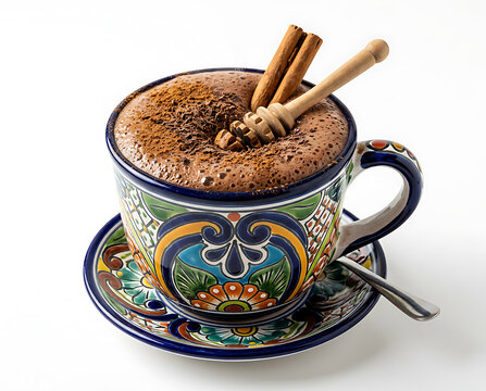 Celebrating Day of the Dead with hot chocolate in a colorful cup