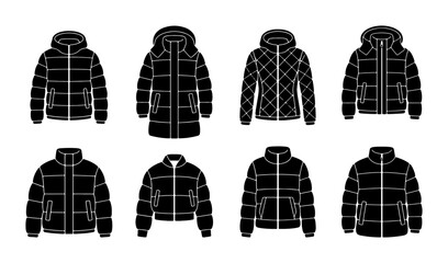 Black Puffer Jacket Icons Set, Winter Coat Vector Collection, Warm Apparel Graphics for Fashion Design and E-commerce © Shakib