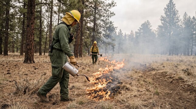 Prescribed burn management, wildland firefighter using drip torch along prepared firebreak, controlled prevention scene with open horizontal smoke copy space