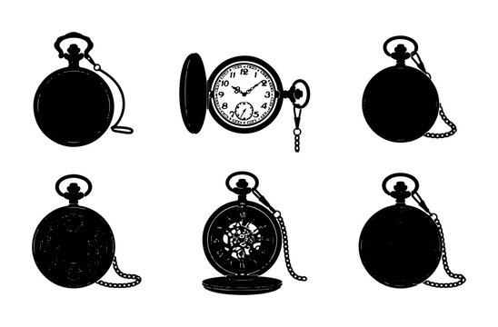 Vintage Pocket Watch Collection, Retro Timepiece Icons, Antique Chain Clocks, Classic Mechanical Timekeeping Vector Set