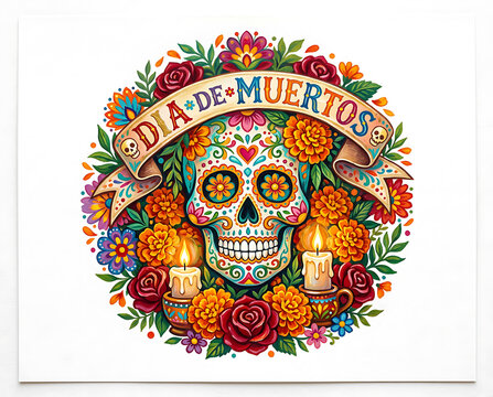 Colorful skull design for Day of the Dead celebration with flowers and candles