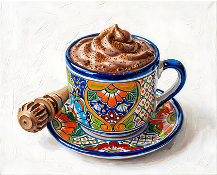 Warm drink in a colorful cup sits on a saucer with a traditional stirrer on the side during D&iacute;a de los Muertos