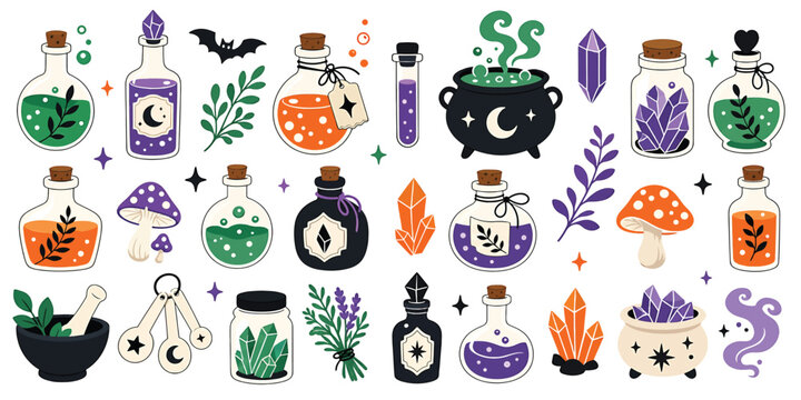 Witchcraft and magic potion set, vector illustration of mystical elements, bottles with elixirs, crystals, cauldron, mushrooms, herbs and mortar