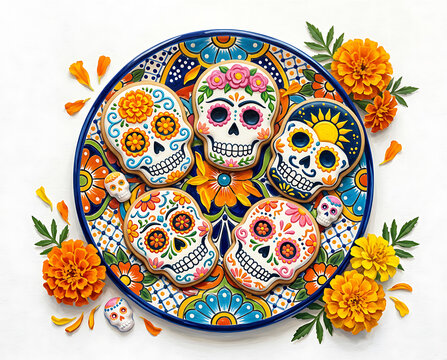 Colorful skulls and marigolds for Day of the Dead celebration in a vibrant display