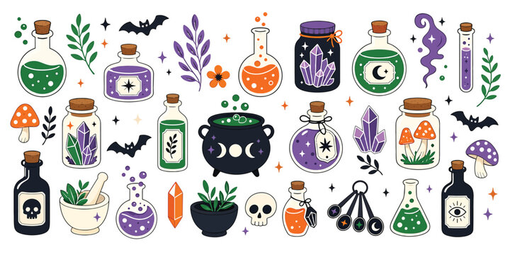 Set of magic potions, witch cauldron, crystals, mushrooms, and occult elements handdrawn vector illustration of mystical items for halloween or fantasy design
