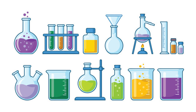 PrintScience laboratory glassware vector set with test tubes flaks beakers and burner isolated on white background for chemistry education design