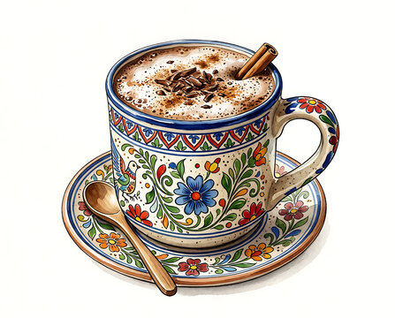 Celebration of Dia de los Muertos with traditional hot chocolate in a colorful cup