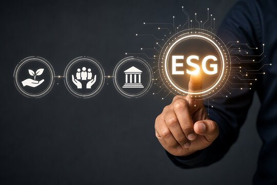 Businessman pressing glowing esg button with sustainability and governance icons