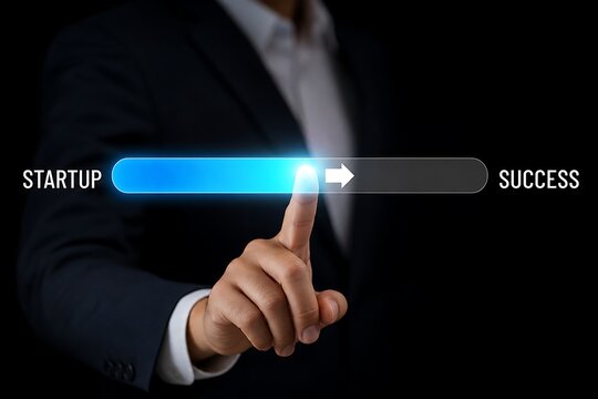 Businessman touching virtual startup to success interface on digital screen