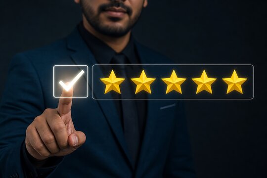 Businessman touching virtual five star rating on digital interface screen