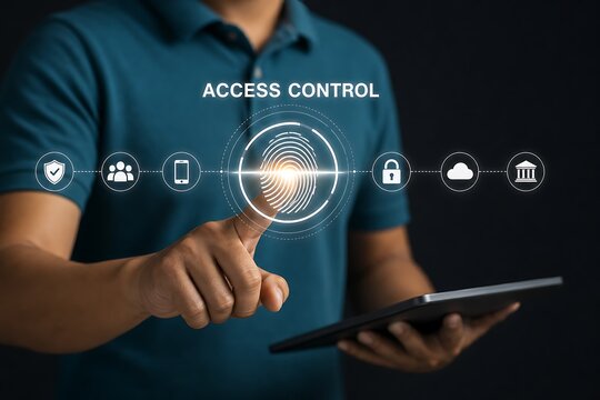 Businessman using tablet with biometric access control security hologram interface
