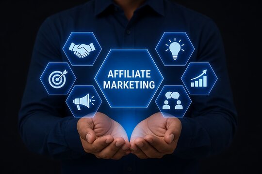 Hands holding glowing affiliate marketing concept with icons and text on dark background