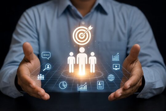 Business team collaboration concept with holographic target and icons over hands