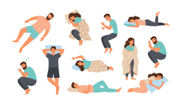 People sleeping in different positions and poses flat vector illustration set with pillows blankets and pajamas