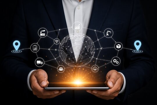 Businessman holding digital tablet with glowing network and data visualization