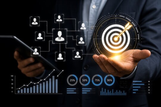 Businessman holding digital target with analytics and team icons in dark office