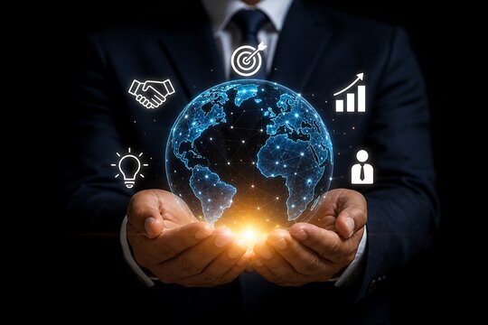 Businessman holding glowing digital globe with technology icons and network connections