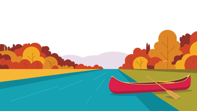 Autumn landscape illustration with red canoe on river bank with flat design illustration