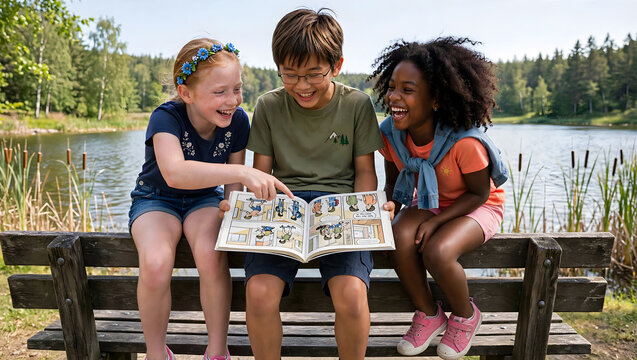 Candid photo of expressive laughing kids reading comic book together sitting on backrest of wooden bench by a lake, with girl pointing at funny panel, great summer vacation moment outdoors in nature