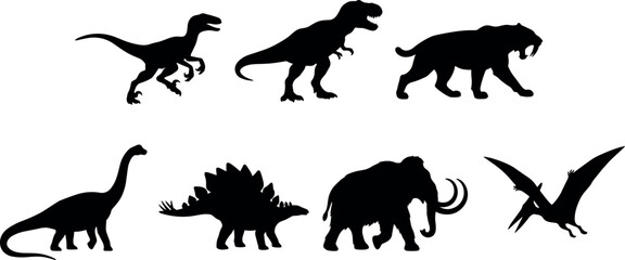 Set of prehistoric animal black silhouettes featuring raptor tyrannosaurus rex saber-toothed tiger brachiosaurus stegosaurus mammoth pterodactyl isolated on white background © Mst