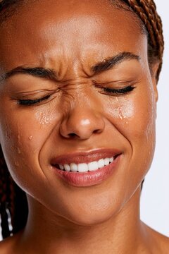 Close-up portrait of a smiling woman with a scrunched nose and water on her face