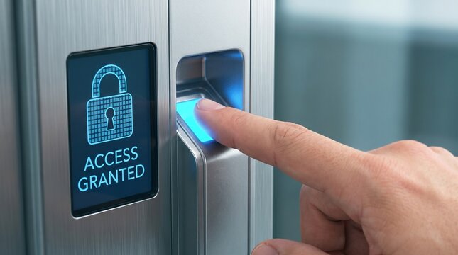 Biometric scanner unlocking secure electronic door with access granted