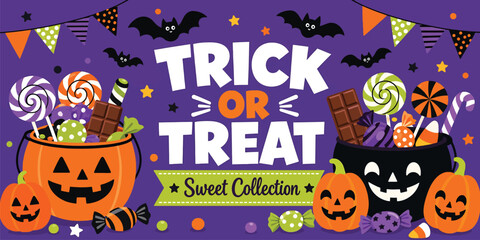 Halloween trick or treat background with pumpkins, candy, lollipops, chocolate bars and bats festive holiday banner design with sweet treats and jackolanterns for party invitation or greeting card © PixelAura_Studio