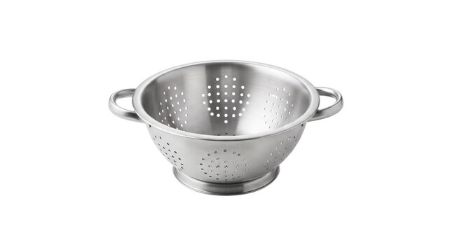 Stainless steel colander with handles, professional kitchen strainer for pasta and vegetables, durable metal drainage bowl for food preparation isolated PNG with Transparent Background