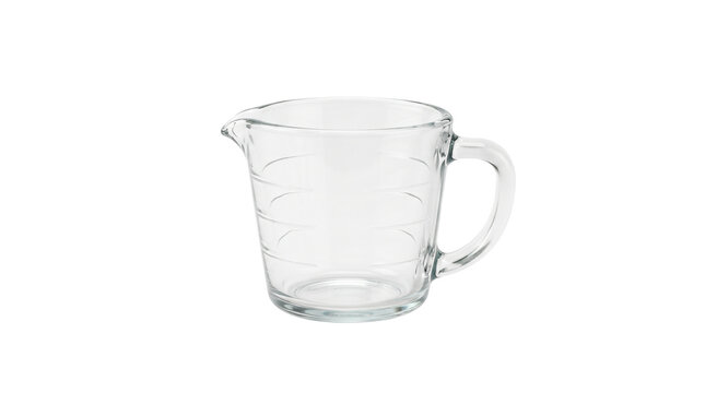 Clear glass measuring cup with handle and pour spout, empty kitchen measuring jug for baking, transparent glass pitcher with measurement markings isolated PNG with Transparent Background