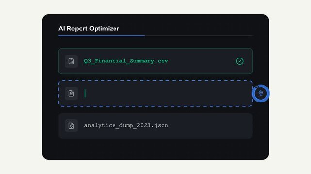 AI Report Optimizer UI dashboard with file processing and progress bar animation on dark background interface