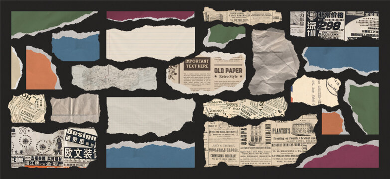 Realistic torn paper scraps. torn paper element set, ripped old notebook, old newspaper, ripped vintage latter. Set of old Torn Paper.
