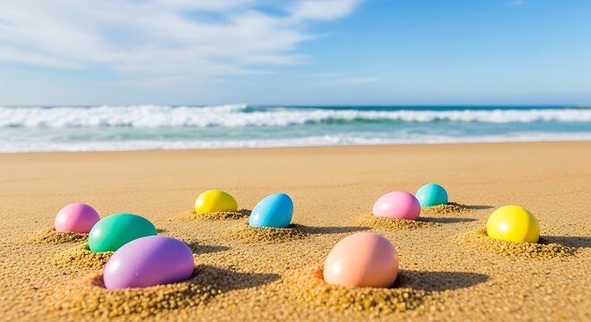 Colorful Easter eggs half-buried in sand on a sunny beach, with ocean waves in background