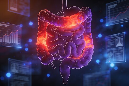 Digital illustration of glowing human intestines with medical data screens in background