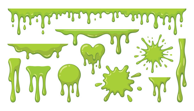 Green dripping slime borders splashes and blobs set toxic radioactive liquid drops ooze leak halloween design elements vector collection