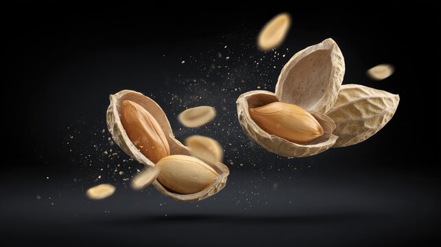 Two opened peanuts in shells, mid-air, with scattered pieces