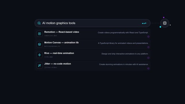 AI Search Bar Interface showing typed query with populating result list and animated glowing bot assistant icon on dark background background.