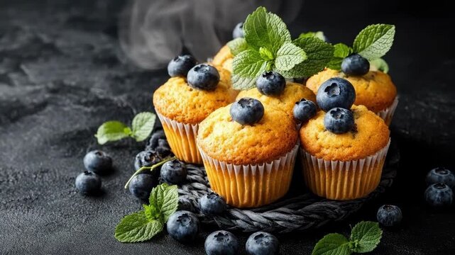 Freshly baked blueberry muffins with mint garnish on dark rustic background