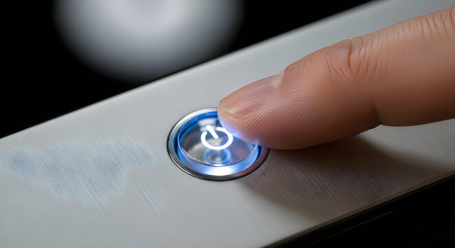 Finger pressing glowing power button on modern electronic device